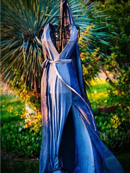 Zhenabia Blue Linen Hooded Maxi Dress - Ethereal Bohemian Goddess Vibes - Picture 6 of 6